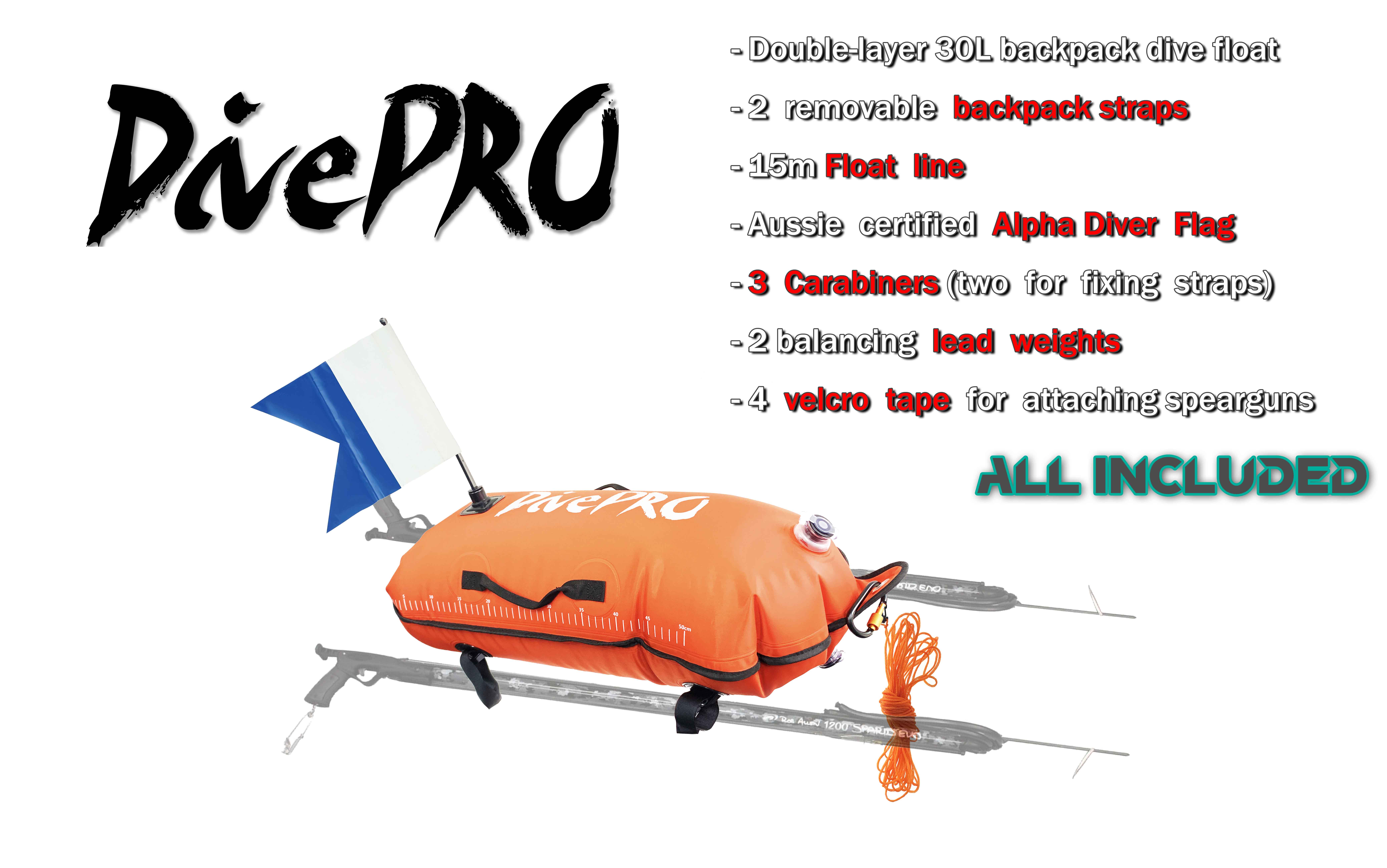 DivePRO 30L backpack float with ruler float line lead weight and dive flag