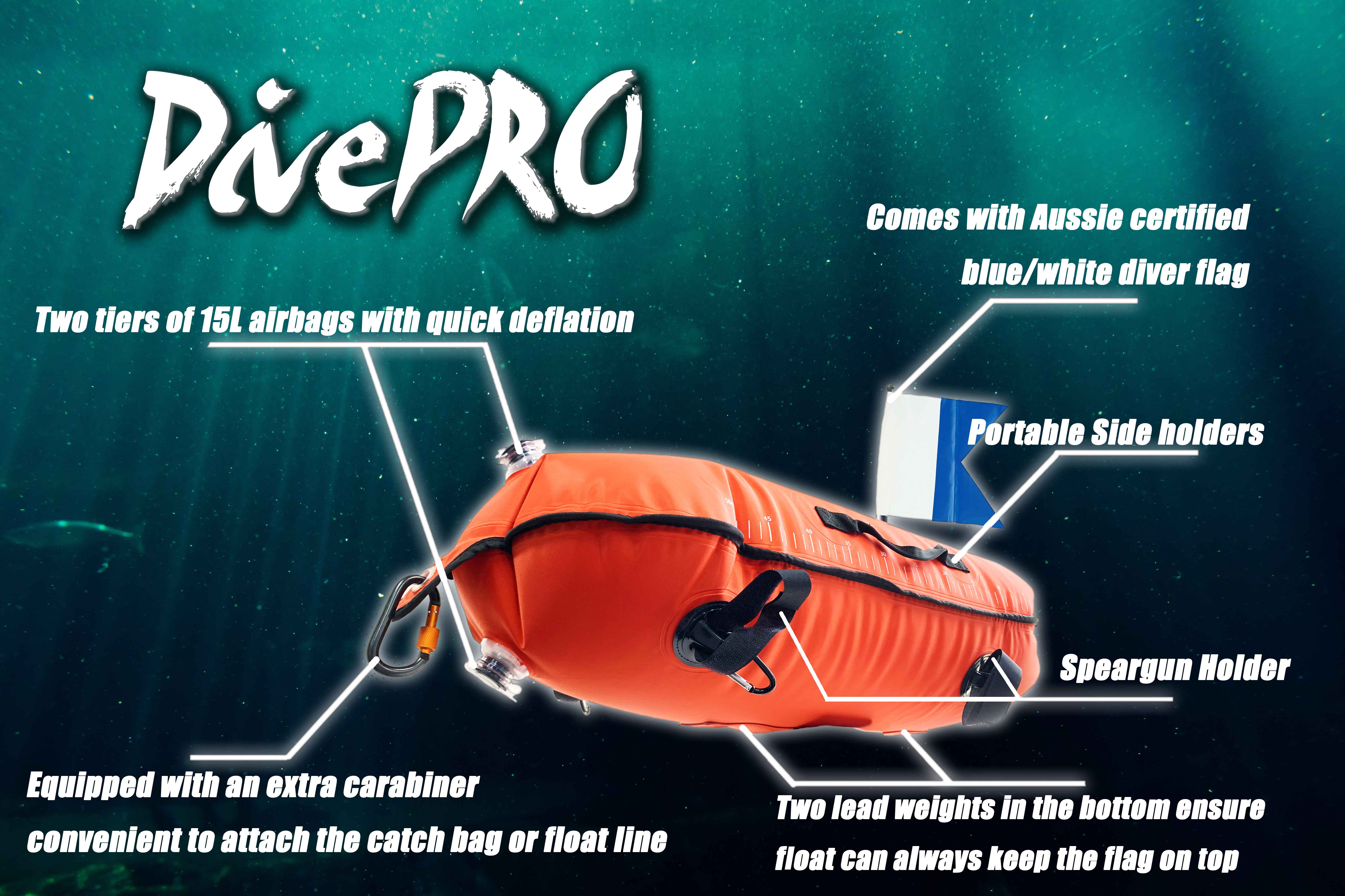 DivePRO 30L backpack float with ruler float line lead weight and dive flag