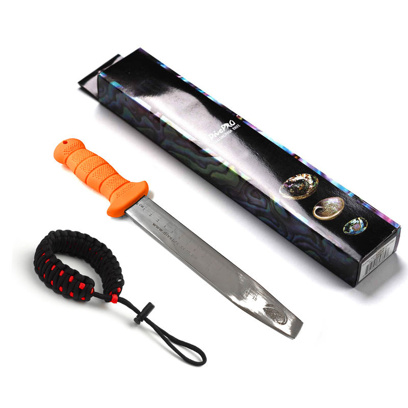 DivePRO Rustproof Steel Abalone Knife with Lanyard Square edge Shellfish Commercial Marine Grade SS316 Tool Ruler